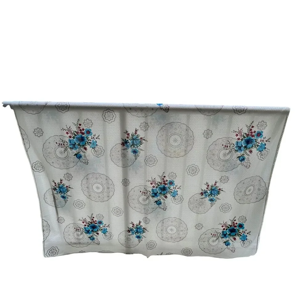 VTG Blue Floral Lace Trim Tablecloth Baroque Texture Satin 62x90” Rectangle Boho